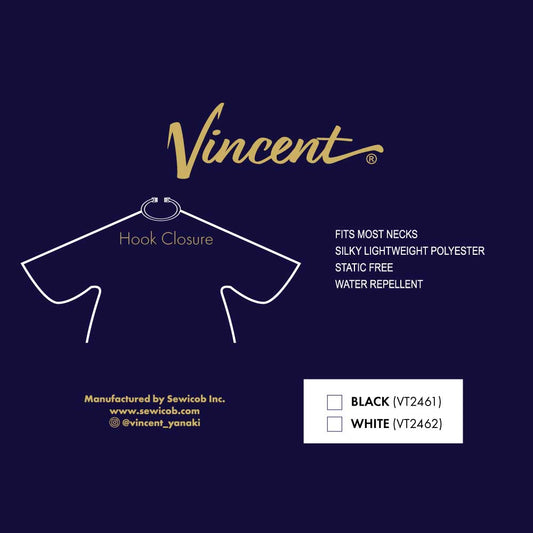 Sewicob Vincent Arm Free Wing Suite Haircutting Cape product specifications infographic featuring hook closure, silky lightweight polyester, static free, and water repellent properties