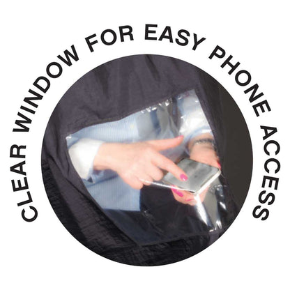 A circular inset on a white background shows a black fabric pouch with a clear window through which a person's hands are visible holding a smartphone. Large black text around the circle reads, 'CLEAR WINDOW FOR EASY PHONE ACCESS.