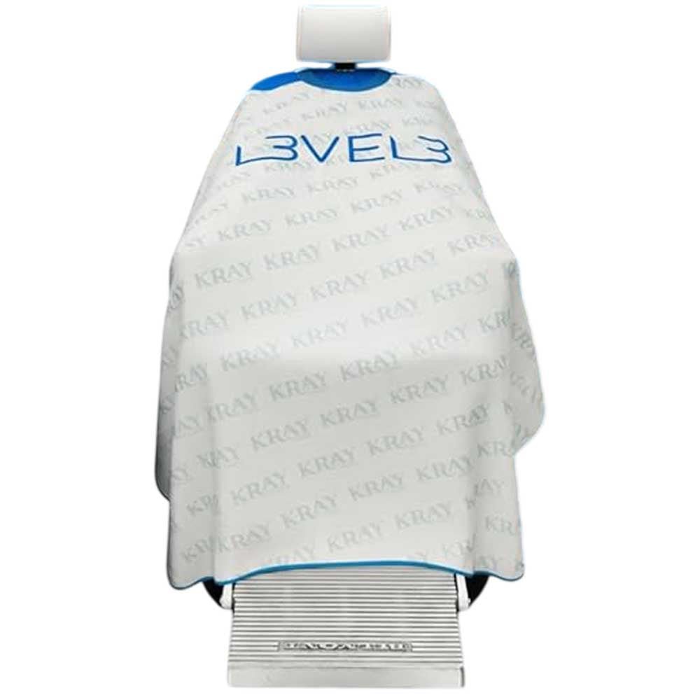 L3VEL3 White Kray and blue drip barber cape showcasing the full-coverage polyester fabric