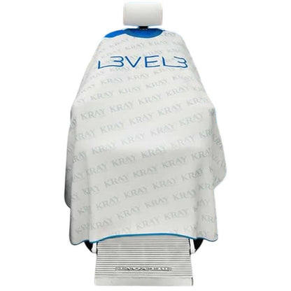 L3VEL3 White Kray and blue drip barber cape showcasing the full-coverage polyester fabric