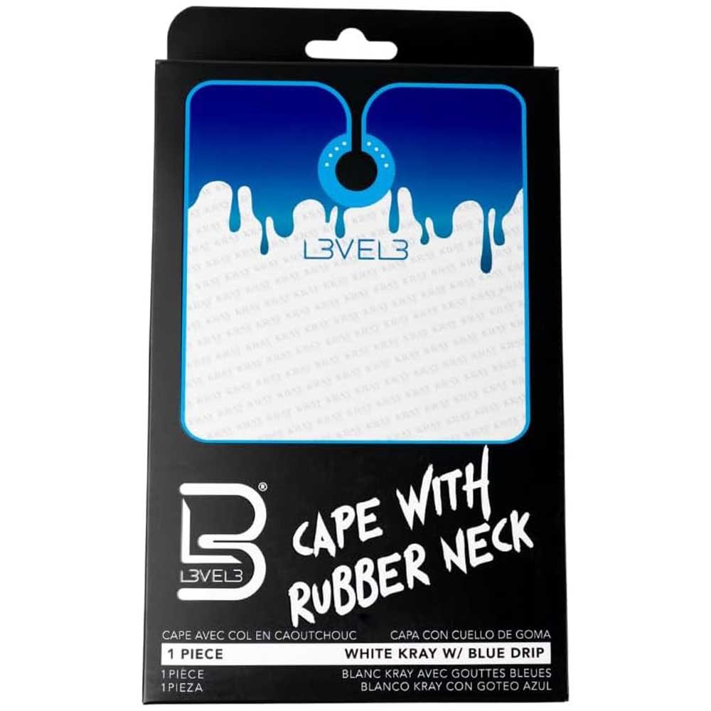 L3VEL3 Professional Cutting Cape in White Kray with blue drip design featuring black rubber neck closure