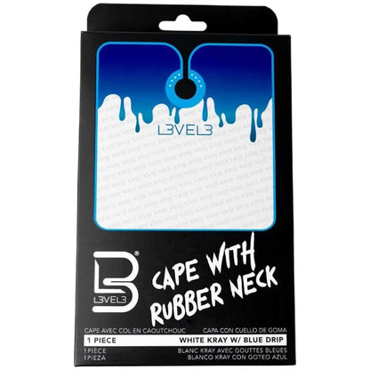 L3VEL3 Professional Cutting Cape in White Kray with blue drip design featuring black rubber neck closure