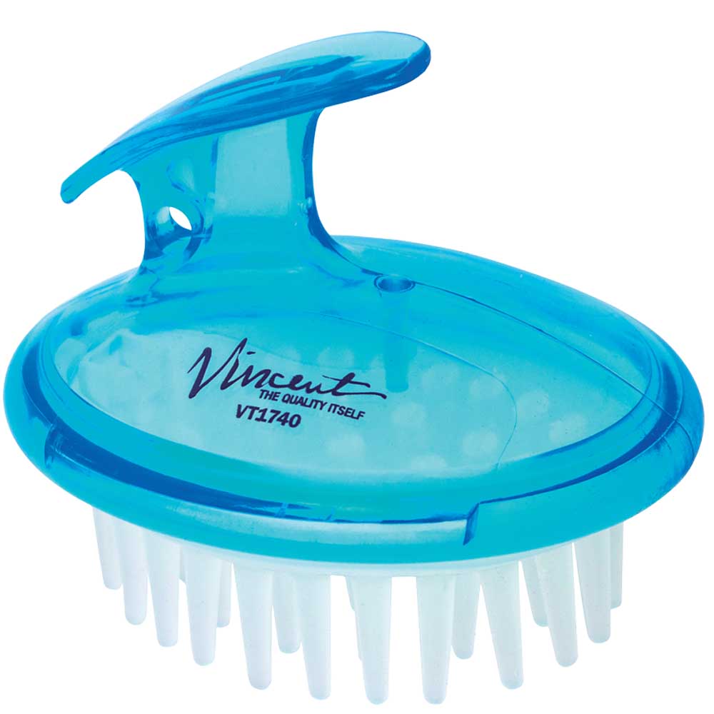Sewicob Vincent Shampoo Brush in transparent blue with flexible bristles, finger grip hole, and professional salon branding