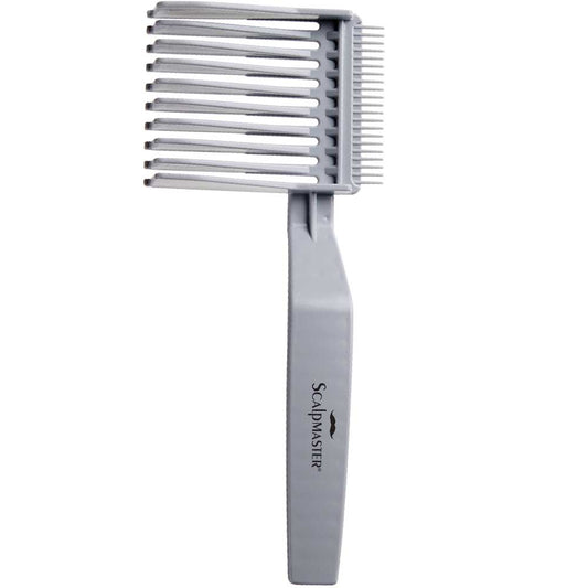 A gray plastic hair comb extension tool with multiple fine teeth, shown vertically on a plain white background. The handle is printed with the brand name 'Scalpmaster'.