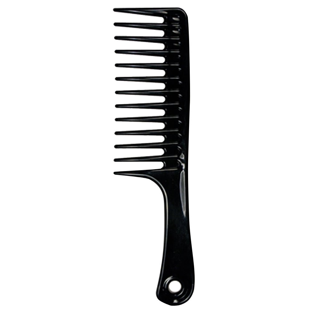 A wide-tooth black hair comb with a long handle and a circular hanging hole, shown against a plain white background.