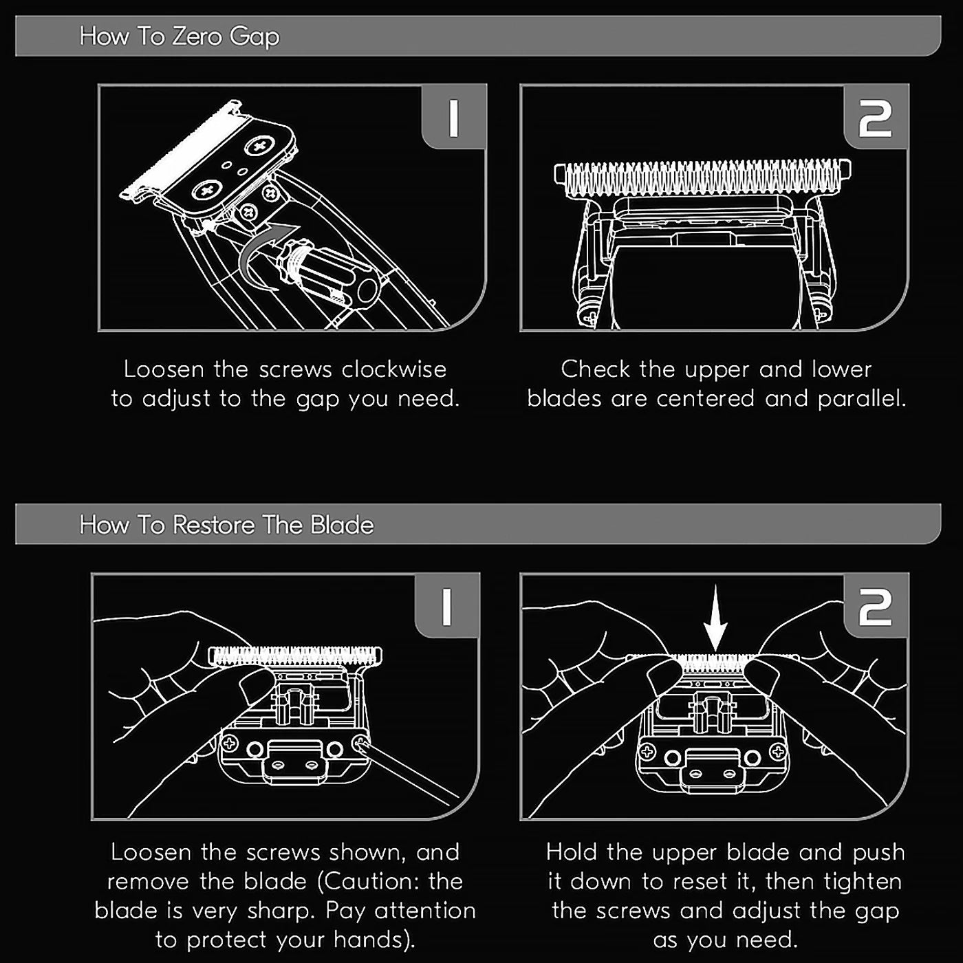 Instructions for zeroing gap and restoring a blade with step-by-step diagrams.