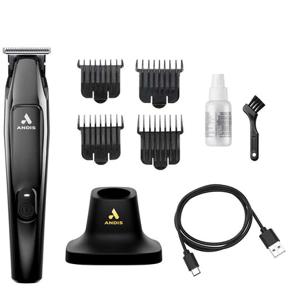 Black ANDIS cordless hair trimmer set with four guide combs, a stand, a cleaning bottle, a brush, and a USB charging cable on a white background.