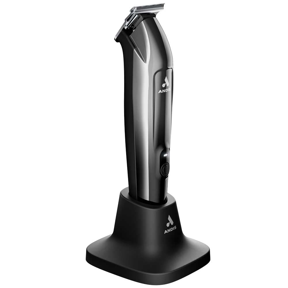 A sleek black and silver cordless hair clipper standing upright on its matching black charging base, shown against a plain white background.