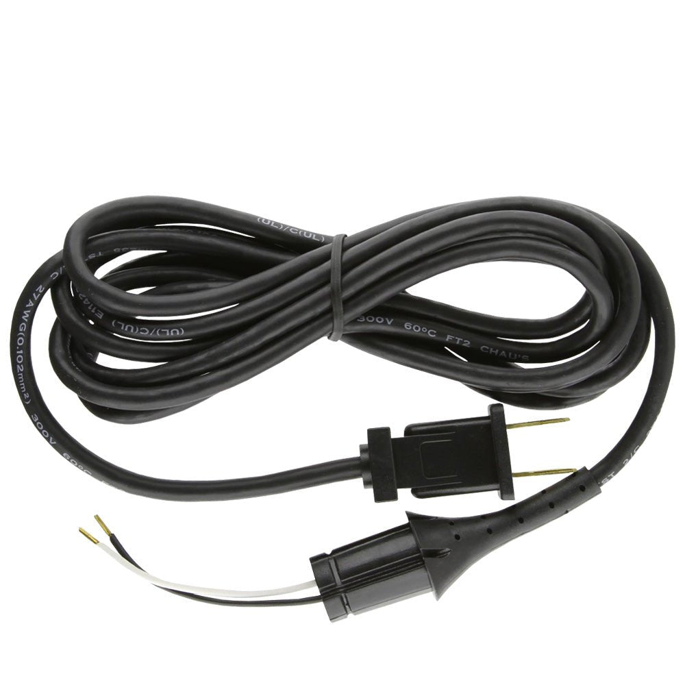 A coiled black electrical power cord with a two-prong plug and a multi-connector end, photographed on a plain white background.