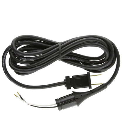 A coiled black electrical power cord with a two-prong plug and a multi-connector end, photographed on a plain white background.