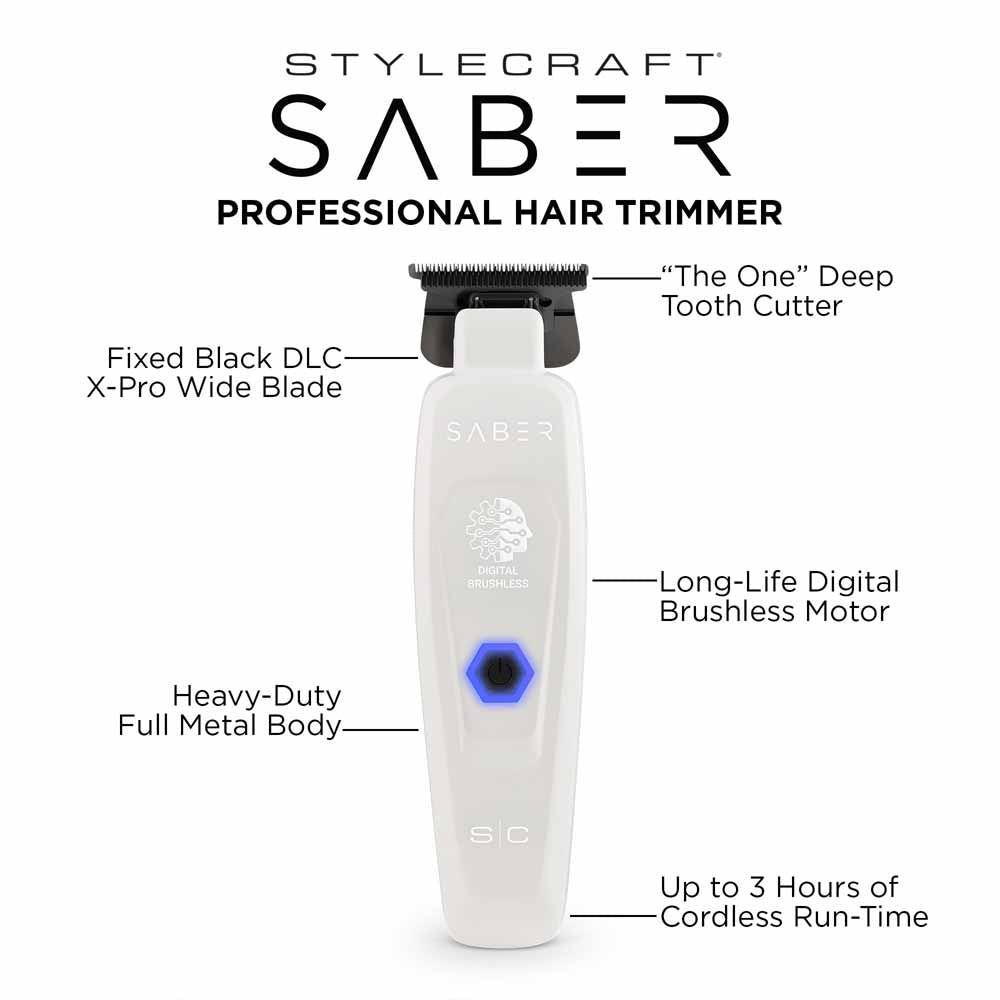 STYLECRAFT BRUSHLESS SABER METAL TRIMMER - WHITE LIMITED EDITION Trimmer STYLECRAFT for sacramento, california, barbers, hair stylist, cosmetologist, beauty industry