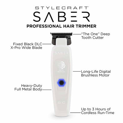 STYLECRAFT BRUSHLESS SABER METAL TRIMMER - WHITE LIMITED EDITION Trimmer STYLECRAFT for sacramento, california, barbers, hair stylist, cosmetologist, beauty industry