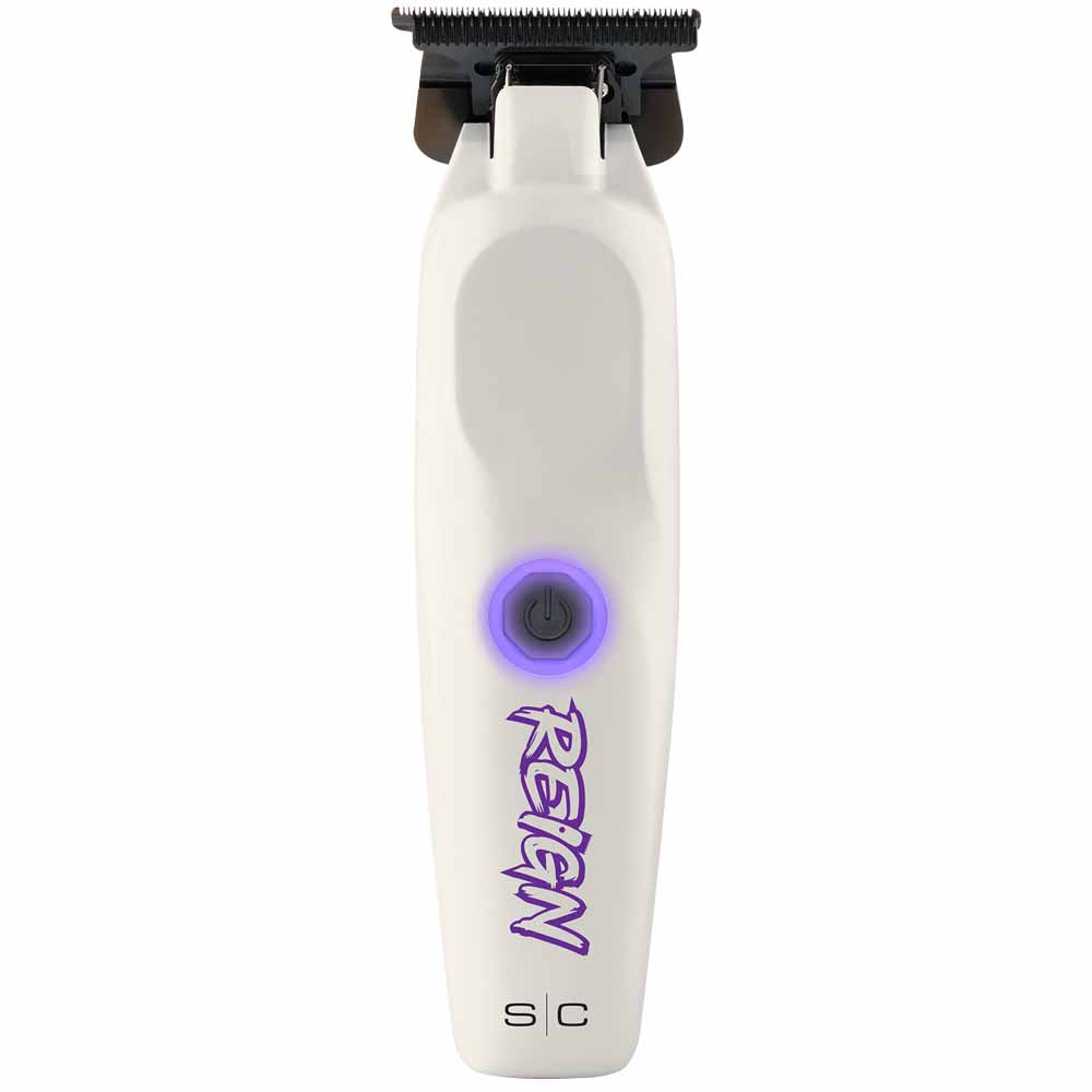 StyleCraft Reign Cordless Trimmer front view showing white body and blue accents