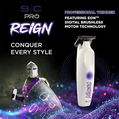 StyleCraft Reign trimmer infographic highlighting the 7200 RPM EON digital brushless motor