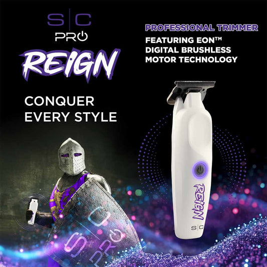 StyleCraft Reign trimmer infographic highlighting the 7200 RPM EON digital brushless motor
