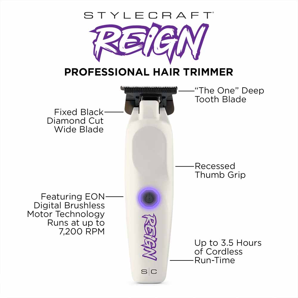 StyleCraft Reign trimmer infographic highlighting the 7200 RPM EON digital brushless motor
