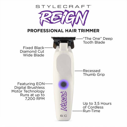 StyleCraft Reign trimmer infographic highlighting the 7200 RPM EON digital brushless motor