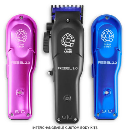 StyleCraft Rebel 2.0 professional hair clipper in black displayed between pink and blue interchangeable custom body modification lids