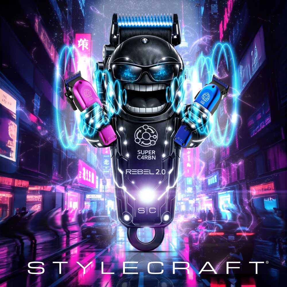 Cyberpunk-style promotional graphic of the StyleCraft Rebel 2.0 professional hair clipper designed as a futuristic robot character surrounded by neon city lights and interchangeable color lids