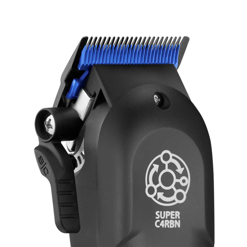 Closeup of the StyleCraft Rebel 2.0 professional hair clipper showcasing its Super C4RBN motor logo, blue ceramic cutting blade, and black housing