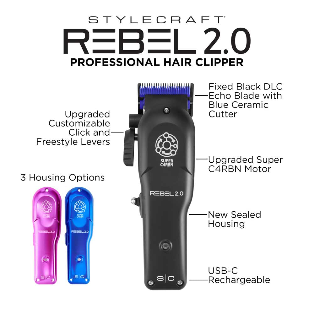 StyleCraft Rebel 2.0 professional hair clipper feature infographic highlighting its Super C4RBN motor, fixed black DLC Echo blade with blue ceramic cutter, adjustable click and freestyle levers, sealed housing, and USB-C rechargeable battery