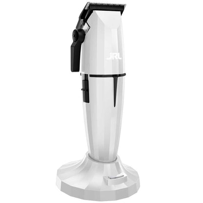 JRL Ghost cordless barber clipper resting on the patented Reset IQ charging dock