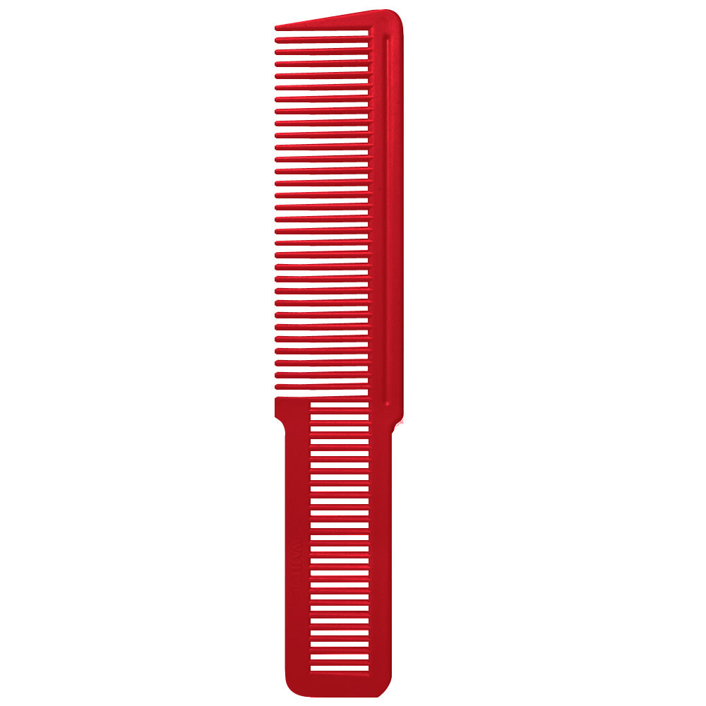 WAHL CLIPPER STYLING COMB

A clean, professional product studio shot showcasing a single, vibrant red Wahl Clipper Styling Comb positioned vertically against a solid white background. The image highlights the comb's signature dual-texture layout, featuring wide teeth on the upper half and finer teeth on the lower handle portion, under bright, even studio lighting | BeauBar Supply