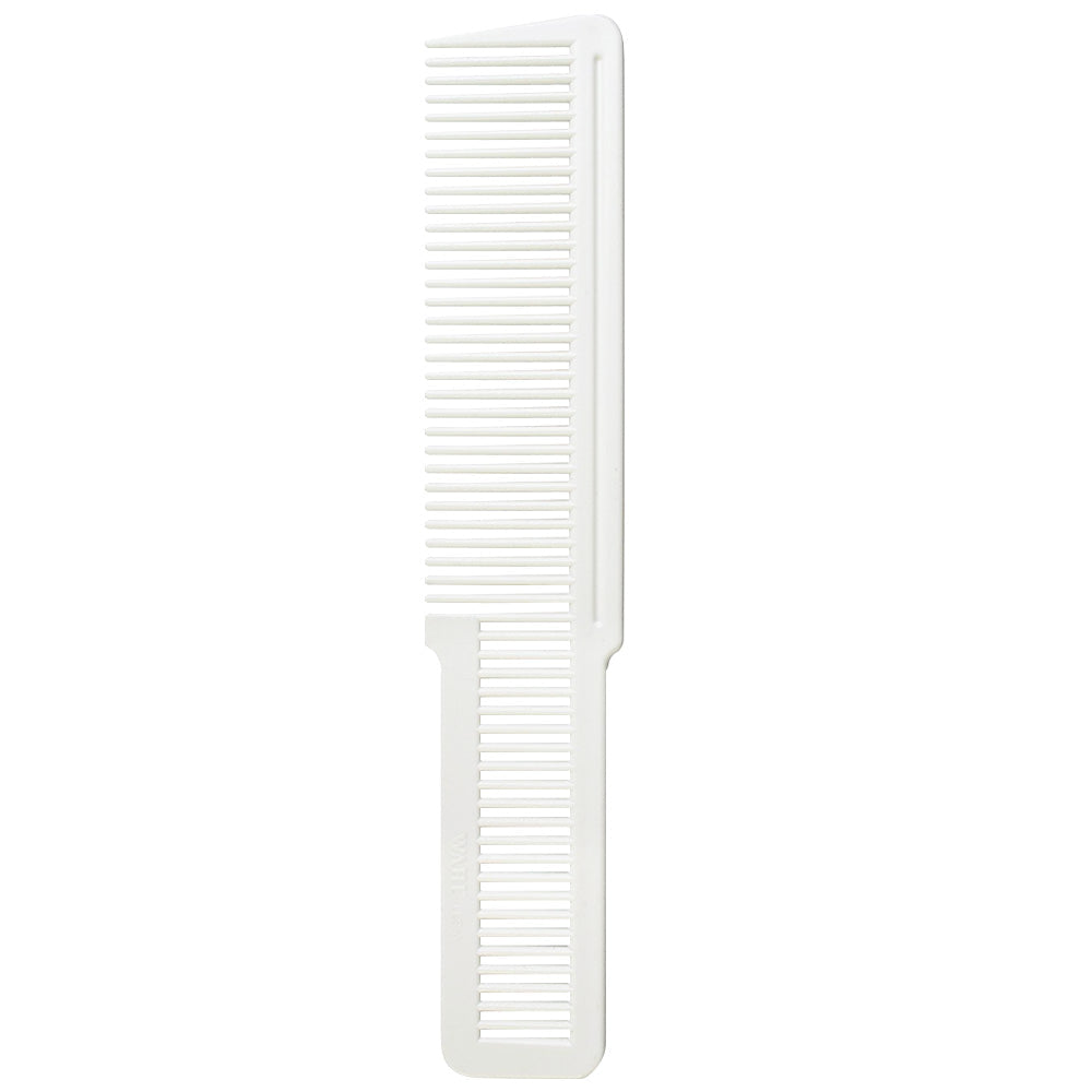WAHL CLIPPER STYLING COMB

A clean, professional product studio shot showcasing a single, White Wahl Clipper Styling Comb positioned vertically against a solid white background. The image highlights the comb's signature dual-texture layout, featuring wide teeth on the upper half and finer teeth on the lower handle portion, under bright, even studio lighting | BeauBar Supply