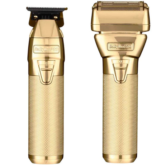Two gold-colored Babyliss Pro hair clippers shown side by side on a plain white background, one with a guard clip attachment and one with a close-shaving head.