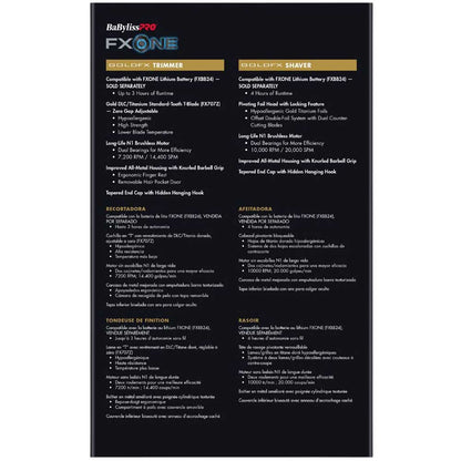 A black product compatibility and feature chart for the Rabbilyss Pro FX One Shaver, displaying specifications, features, and compatibility details in white and gold text.