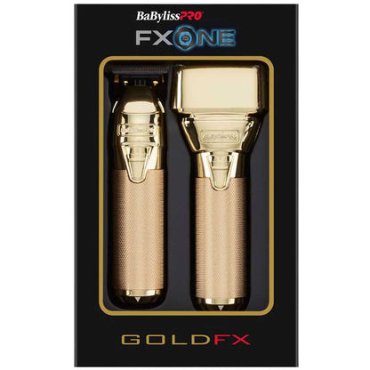 BaBylissPRO FX ONE GoldFX professional hair clipper set in its original black packaging box. The set includes a gold metallic clipper and a matching gold trimmer with textured handles, displayed inside a black window box with gold trim.