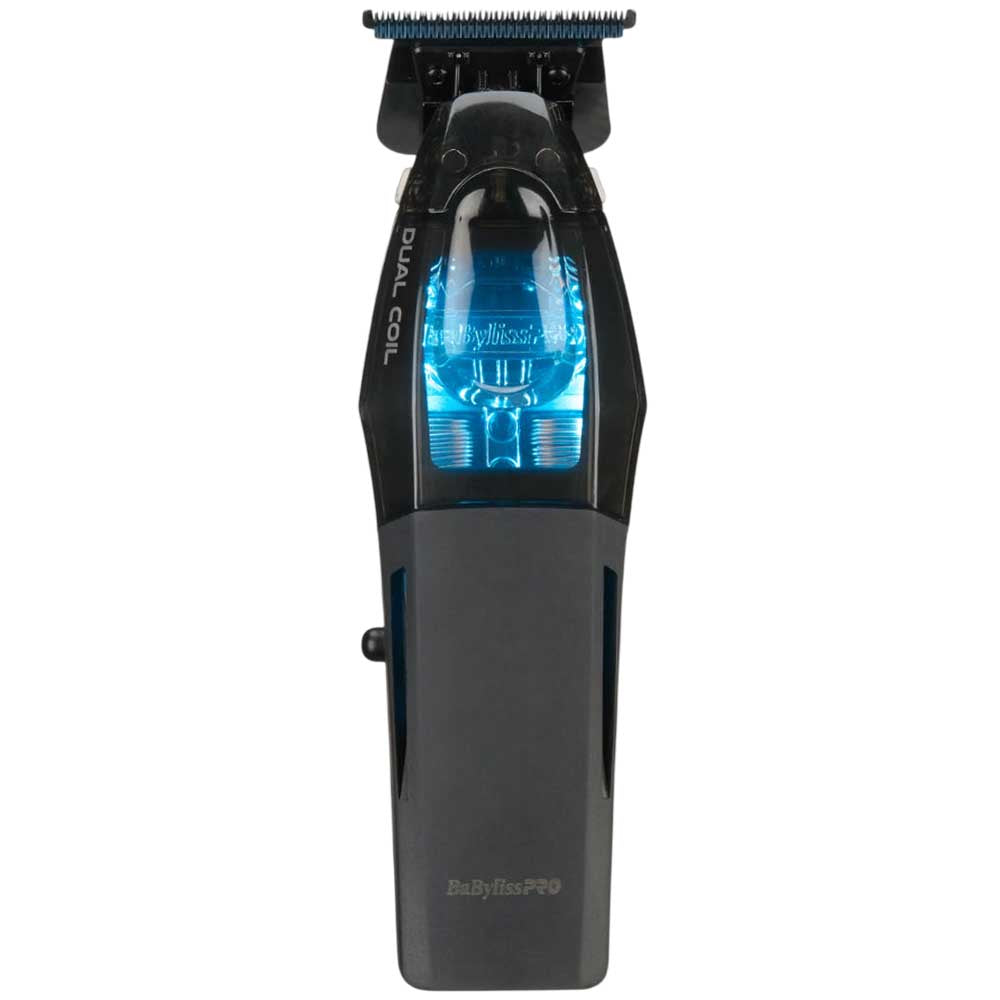 BaBylissPRO FX95T Dual-Coil Motor Trimmer front view showing the sleek blue transparent housing for professional barbers and hair stylists