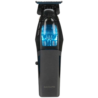 BaBylissPRO FX95T Dual-Coil Motor Trimmer front view showing the sleek blue transparent housing for professional barbers and hair stylists