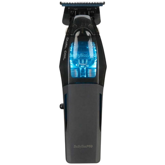 Front view of the BaBylissPRO FX95T Trimmer showing the transparent LED-illuminated dual-coil motor housing