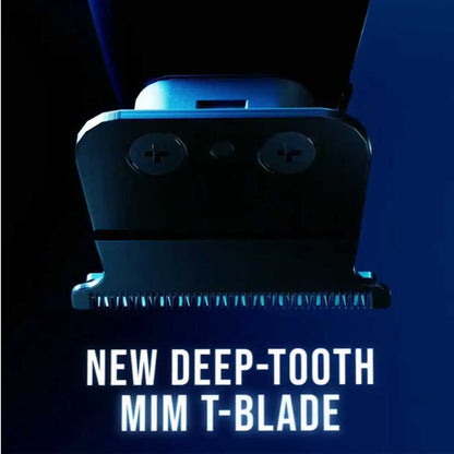 Close-up of the BaBylissPRO FX95T trimmer blade featuring the text overlay "NEW DEEP-TOOTH MIM T-BLADE" against a dark blue background.