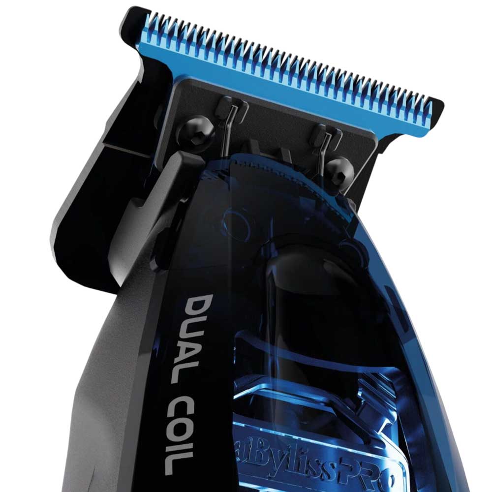 Close-up of the deep-tooth MIM T-blade on the BaBylissPRO FX95T professional detailer trimmer for crisp lines and flawless lineups.