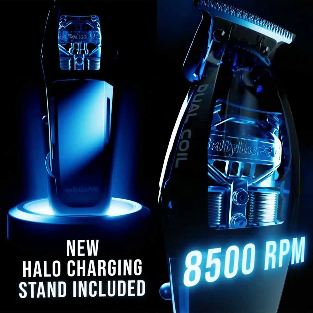 Product infographic for the BaBylissPRO FX95T trimmer showcasing a front view and a close-up profile highlighting the blue illuminated dual-coil motor window. Text overlays read "NEW HALO CHARGING STAND INCLUDED" and "8500 RPM".