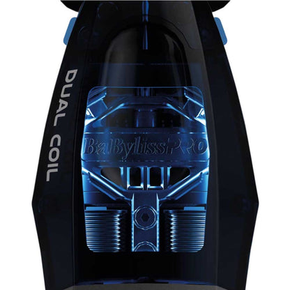 Close-up of the BaBylissPRO FX95T trimmer showcasing the transparent blue window that reveals the internal dual-coil motor components and "DUAL COIL" branding.