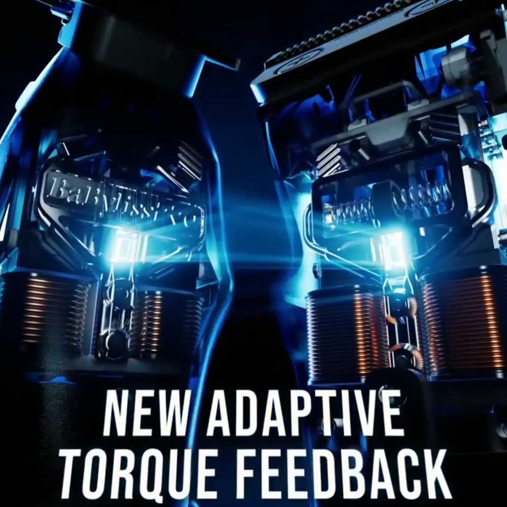 Product infographic for the BaBylissPRO FX95T trimmer displaying a detailed internal view of the motor components with a bright blue light overlay. Bold text reads "NEW ADAPTIVE TORQUE FEEDBACK".