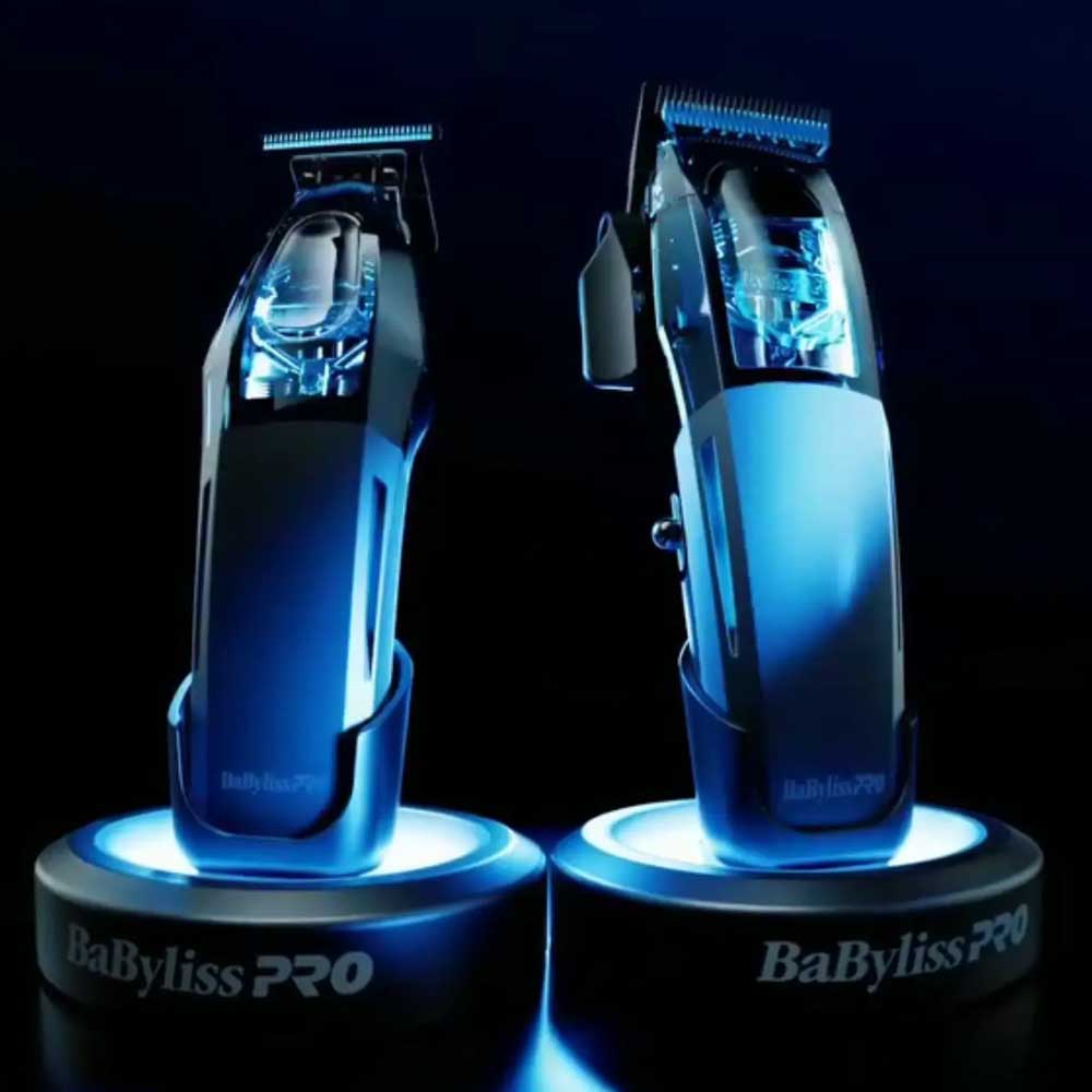 BaBylissPRO trimmer and Clipper displayed side-by-side on glowing blue circular bases, showcasing the front and profile views of the transparent housing and internal motor.