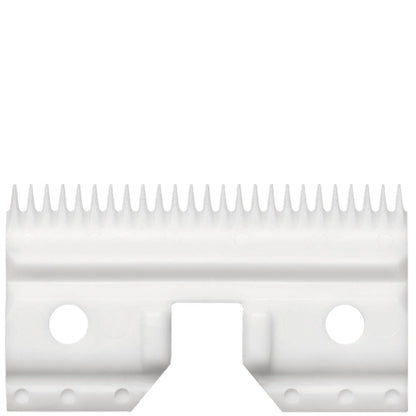 Close-up product shot of an Andis Medium Cutter CeramicEdge Blade against a plain white background, showing the white ceramic cutting teeth along the top edge mounted on a metal base with two screw holes and central alignment slots.
