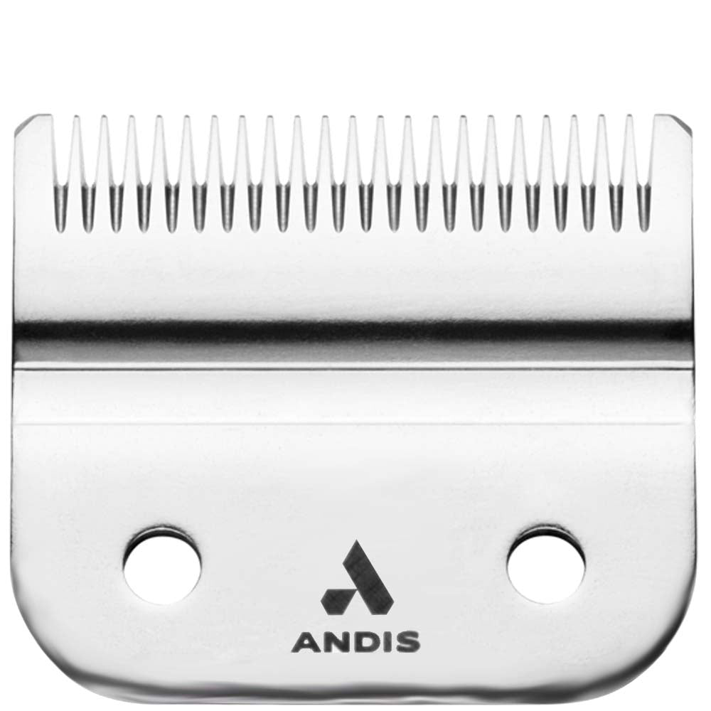 A close-up product shot of a silver metal Andis US-1 and LCL replacement clipper blade against a plain white background. The metal blade features a fine row of pointed cutting teeth along the upper edge, two large circular screw holes with metal rings on the lower half for mounting, and the stylized Andis logo with the bold black brand name ANDIS centered near the bottom edge.