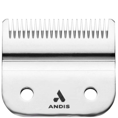 A close-up product shot of a silver metal Andis US-1 and LCL replacement clipper blade against a plain white background. The metal blade features a fine row of pointed cutting teeth along the upper edge, two large circular screw holes with metal rings on the lower half for mounting, and the stylized Andis logo with the bold black brand name ANDIS centered near the bottom edge.