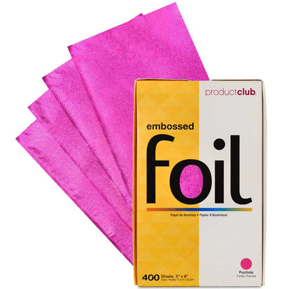Product Club brand embossed aluminum foil sheets in a vibrant pink color, shown with their retail packaging box on a clean white background.