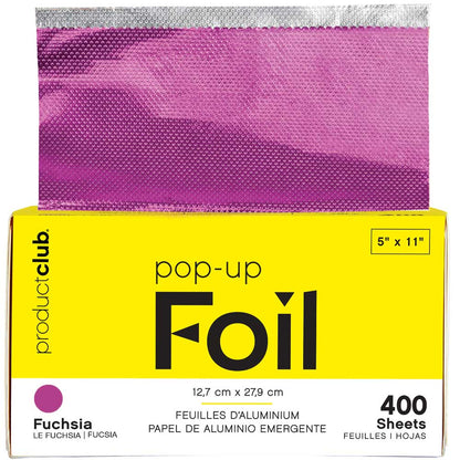 Product Club Pop-Up Foil in Fuchsia, showing a single sheet of metallic purple foil partially extended above its bright yellow packaging box.