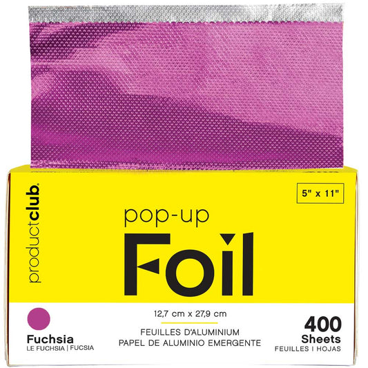 Product Club Pop-Up Foil in Fuchsia, showing a single sheet of metallic purple foil partially extended above its bright yellow packaging box.