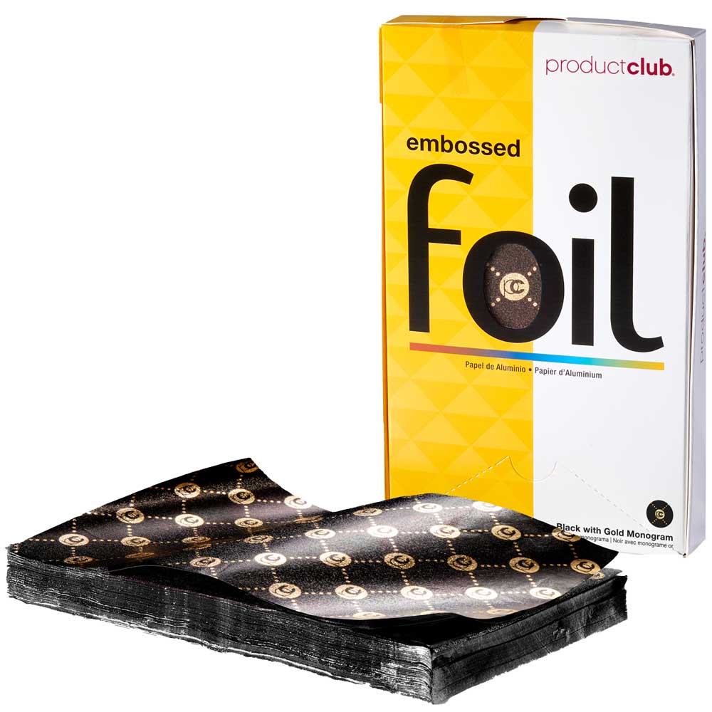 A pack of embossed foil sheets with a gold circular monogram pattern on a black background, shown next to their yellow and white Product Club packaging box.