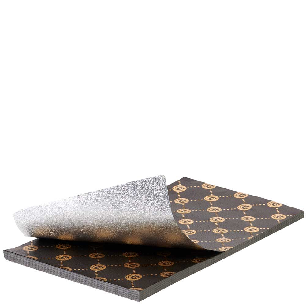 Two flexible foil insulation panels with a textured silver reflective side and a dark brown backing printed with a repeating gold circular pattern, shown on a white background.