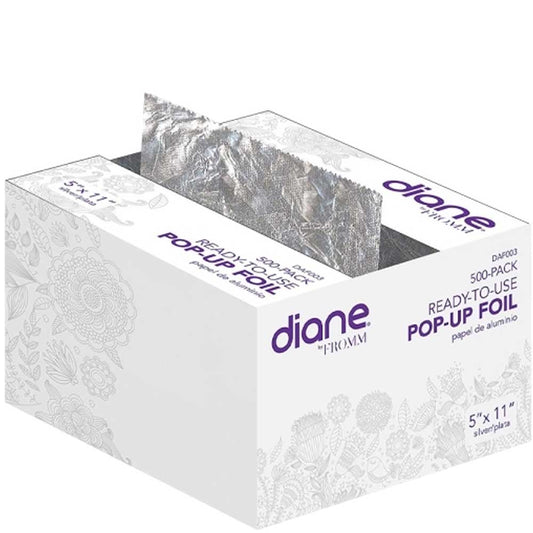 Box of diane pop-up foil with silver foil packs inside on a white background