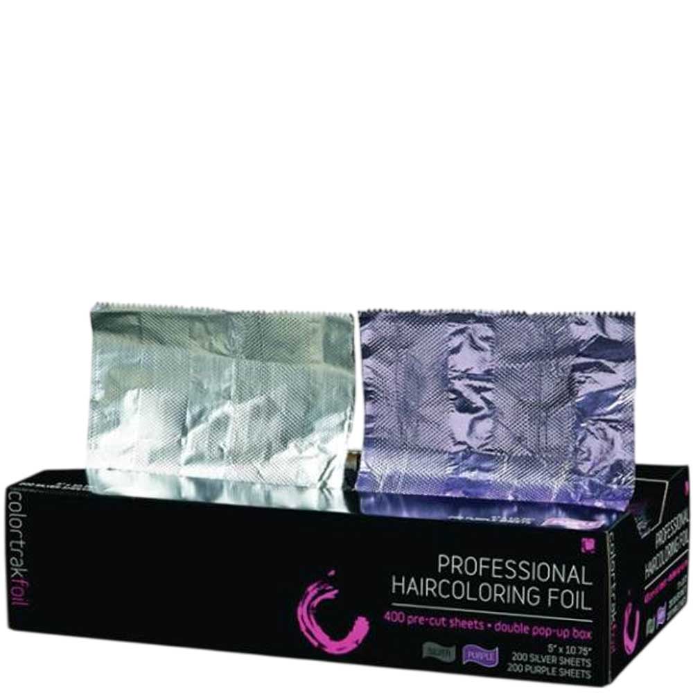Colortrak double pop-up hair coloring foil sheets box with purple and silver foils